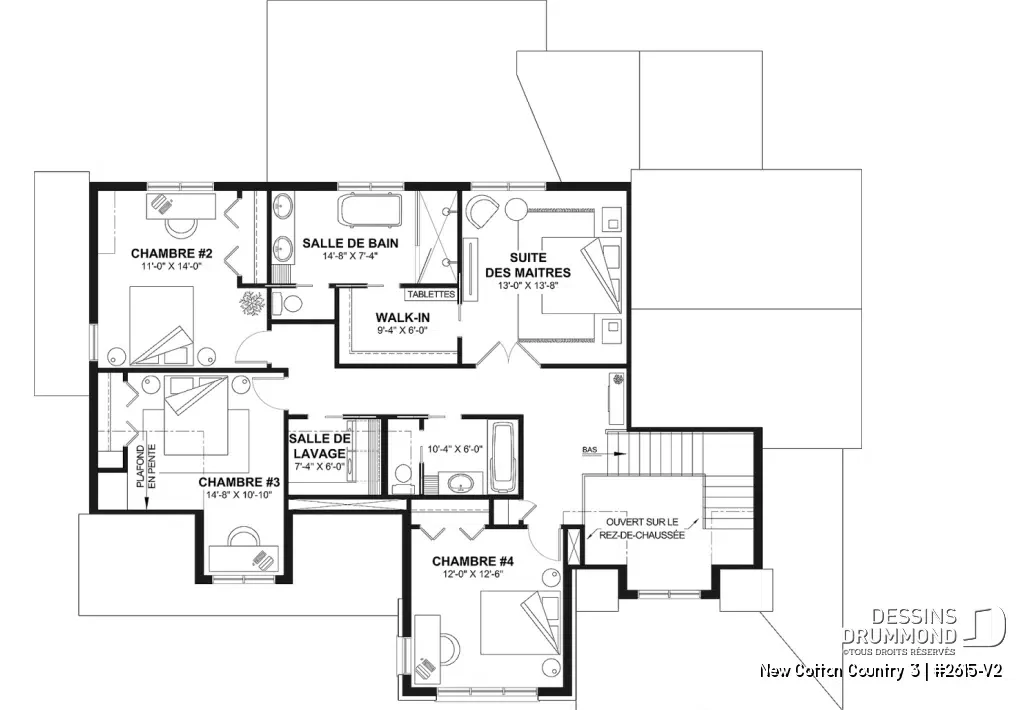 Plan de l'étage du New Cotton Country 3 (#2615-V2) comprenant 4 chambres, une suite principale avec walk-in et salle de bain privée, ainsi qu'une salle de lavage