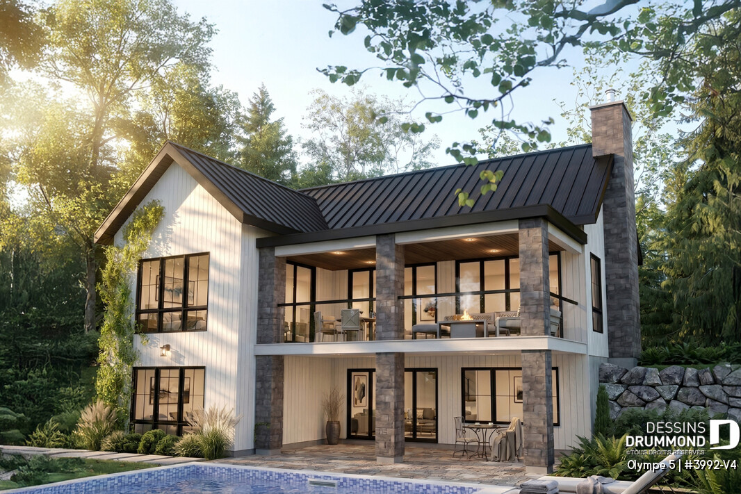 Plan de maison farmhouse moderne Olympe 5 (#3992-V4) avec rez-de-jardin, 4 chambres, deux grande terrasses couvertes et architecture de la collection Maibec x dessins drummond