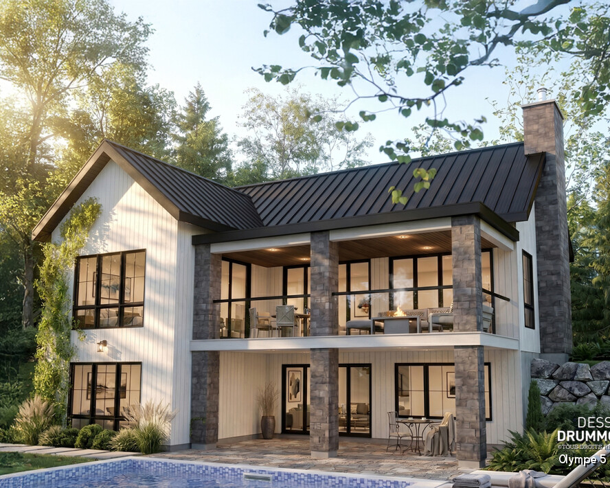 Plan de maison farmhouse moderne Olympe 5 (#3992-V4) avec rez-de-jardin, 4 chambres, deux grande terrasses couvertes et architecture de la collection Maibec x dessins drummond