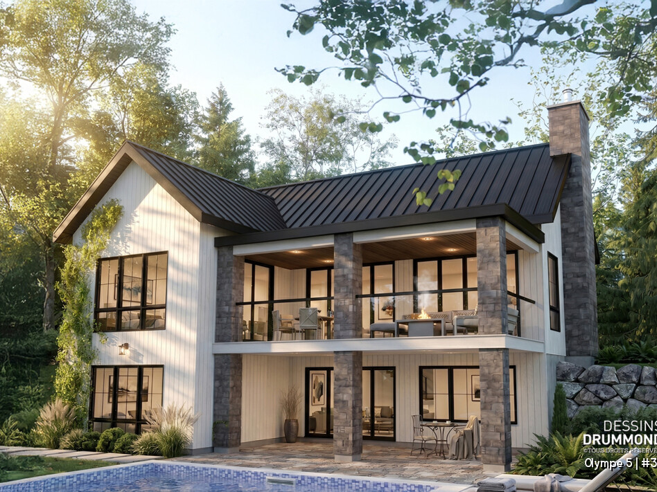 Plan de maison farmhouse moderne Olympe 5 (#3992-V4) avec rez-de-jardin, 4 chambres, deux grande terrasses couvertes et architecture de la collection Maibec x dessins drummond