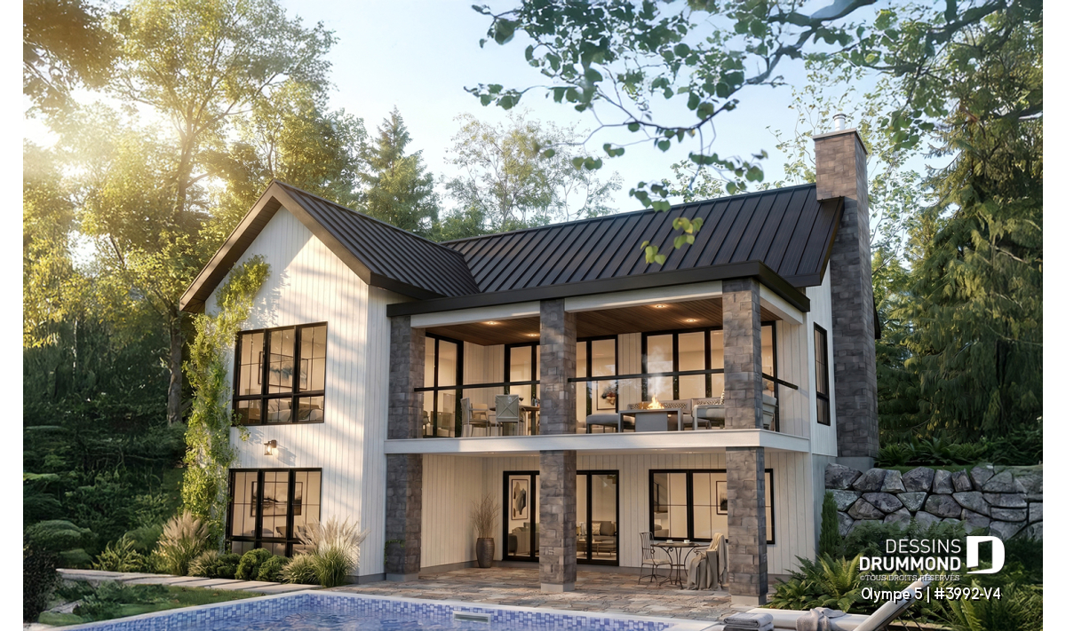 Plan de maison farmhouse moderne Olympe 5 (#3992-V4) avec rez-de-jardin, 4 chambres, deux grande terrasses couvertes et architecture de la collection Maibec x dessins drummond