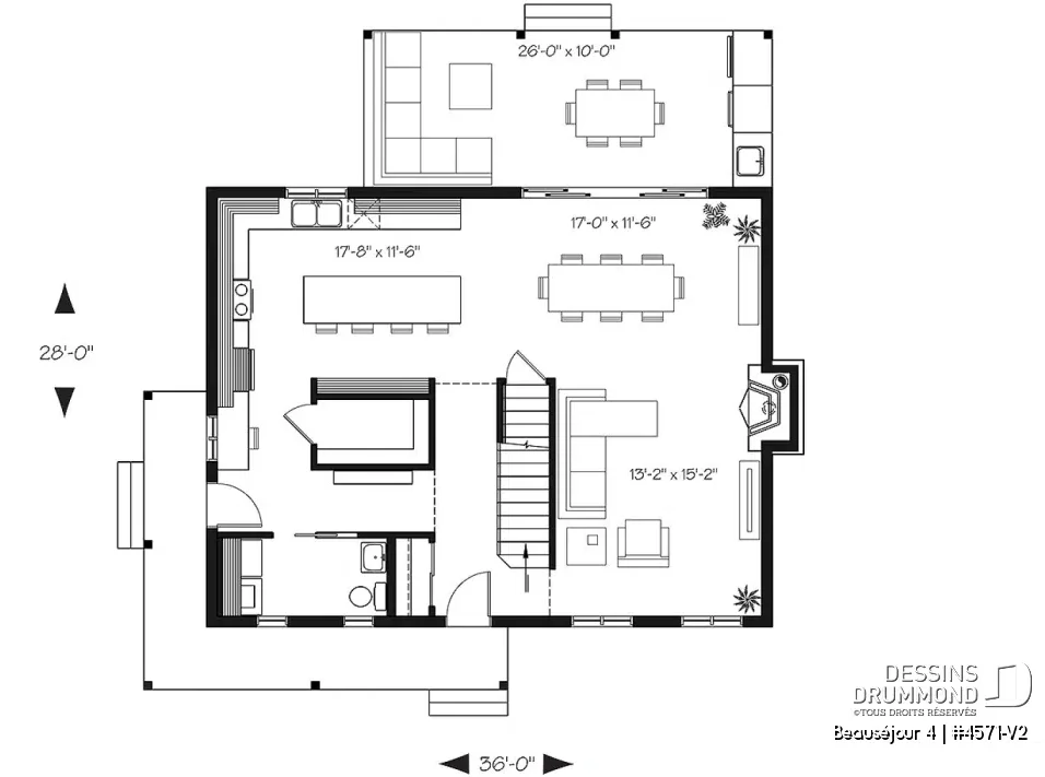 Plan de maison de campagne Beauséjour 4 avec cuisine ouverte, grand îlot, foyer et terrasse couverte