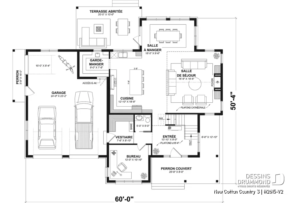 Plan du rez-de-chaussée du New Cotton Country 3 (#2615-V2) avec garage double, bureau, cuisine avec îlot, garde-manger, salle à manger et salon avec plafond cathédral