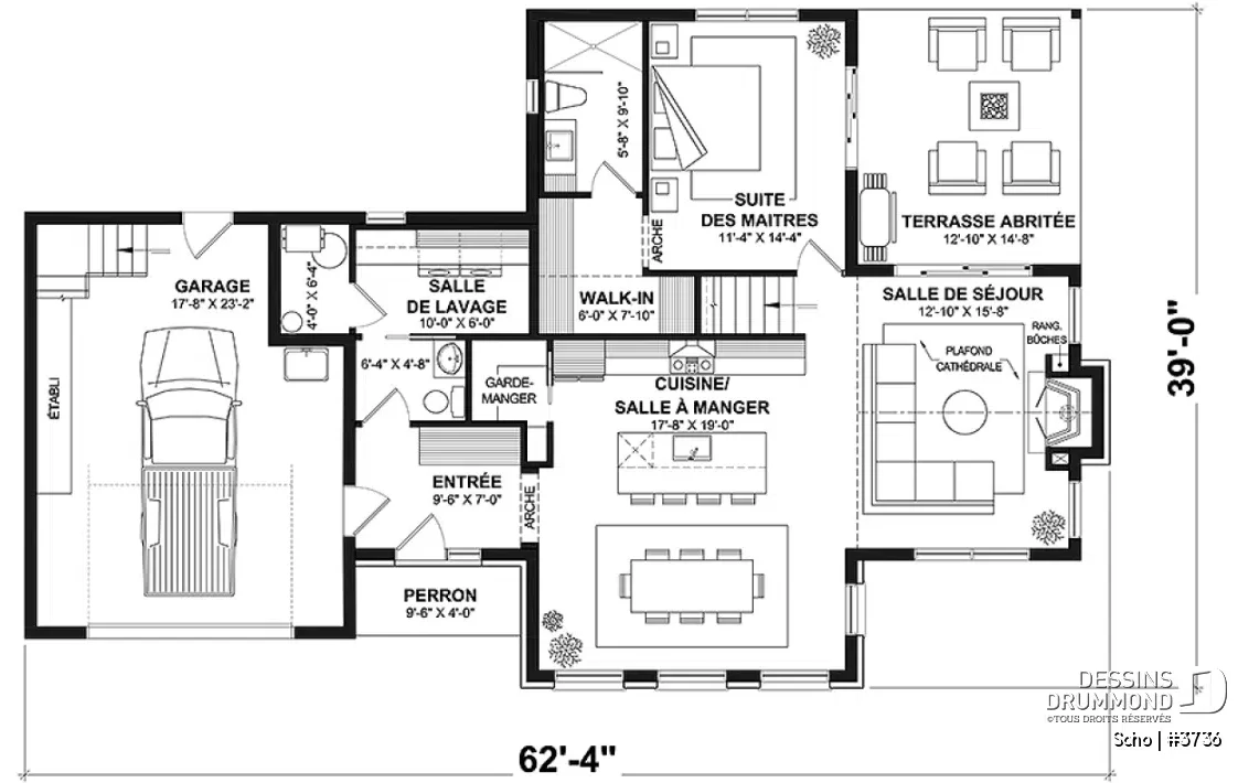Plan du rez-de-chaussée du Soho 3736 avec suite principale, cuisine ouverte, salon à plafond cathédrale, terrasse couverte et garage simple