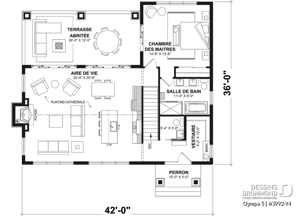 Plan du rez-de-chaussée de l'Olympe 5 (#3992-V4) avec suite principale, aire ouverte, plafond cathédral et terrasse couverte.