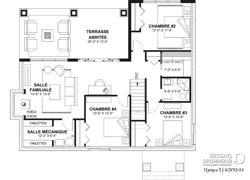 Plan du rez-de-jardin de l'Olympe 5 (#3992-V4) avec trois chambres, grande salle familiale, terrasse couverte et aménagement idéal pour un terrain en pente.