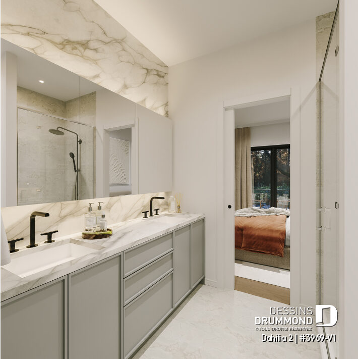 Salle de bain attenante de la suite principale du chalet avec rez-de-jardin Dahilia 2, avec meuble double lavabo et douche vitrée.