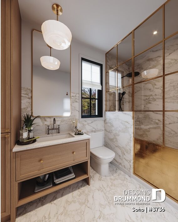 Salle de bain privée de la suite principale du plan Soho 3736 avec douche vitrée, vanité en bois et finition haut de gamme