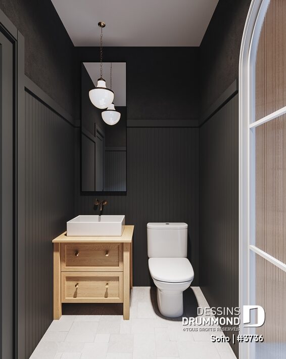Salle d'eau du plan de maison Soho 3736 avec vanité en bois, murs foncés et design contemporain
