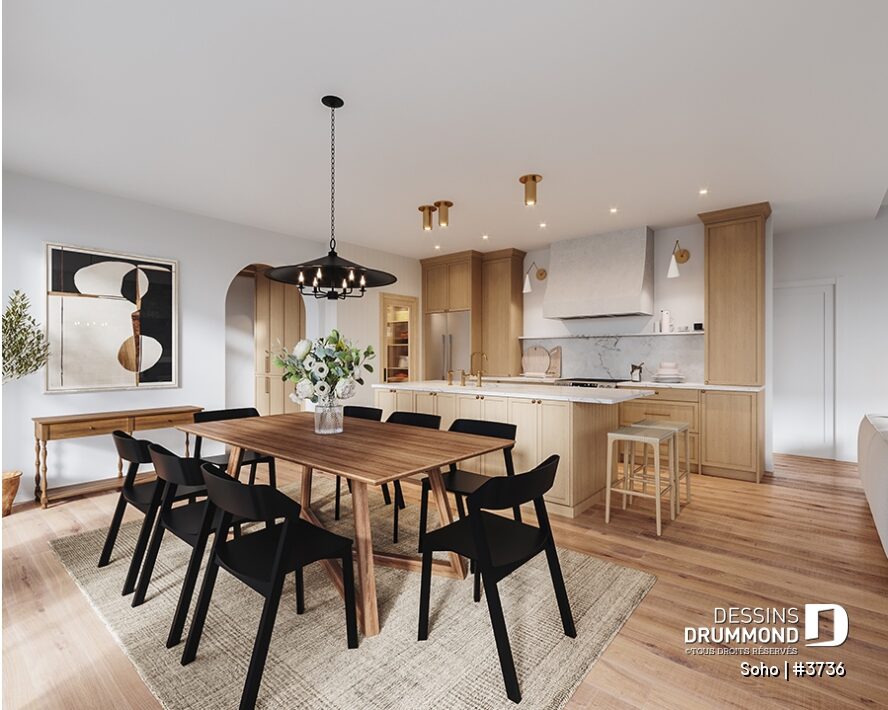 Salle à manger du plan Soho 3736 ouverte sur la cuisine avec îlot central dans une aire de vie lumineuse
