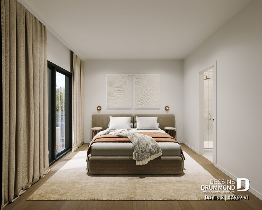 Suite principale du chalet avec rez-de-jardin Dahilia 2, avec grande fenestration, accès extérieur et salle de bain attenante.