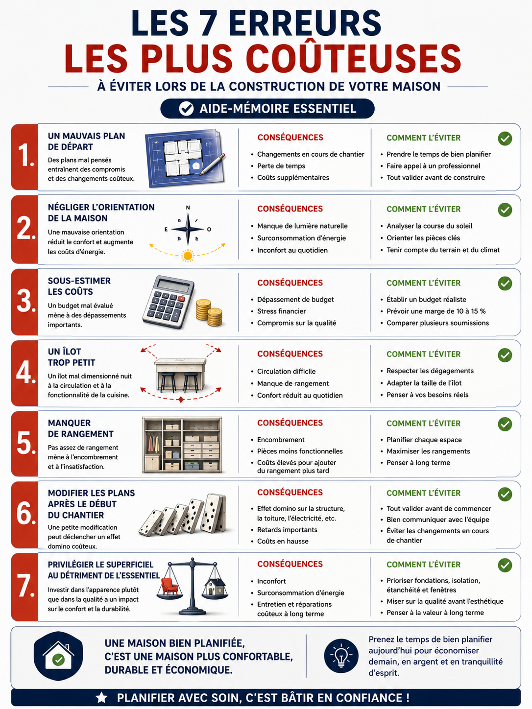 Infographie résumant les sept erreurs les plus coûteuses lors de la construction d'une maison, leurs principales conséquences et les bonnes pratiques pour les éviter avant et pendant le chantier.