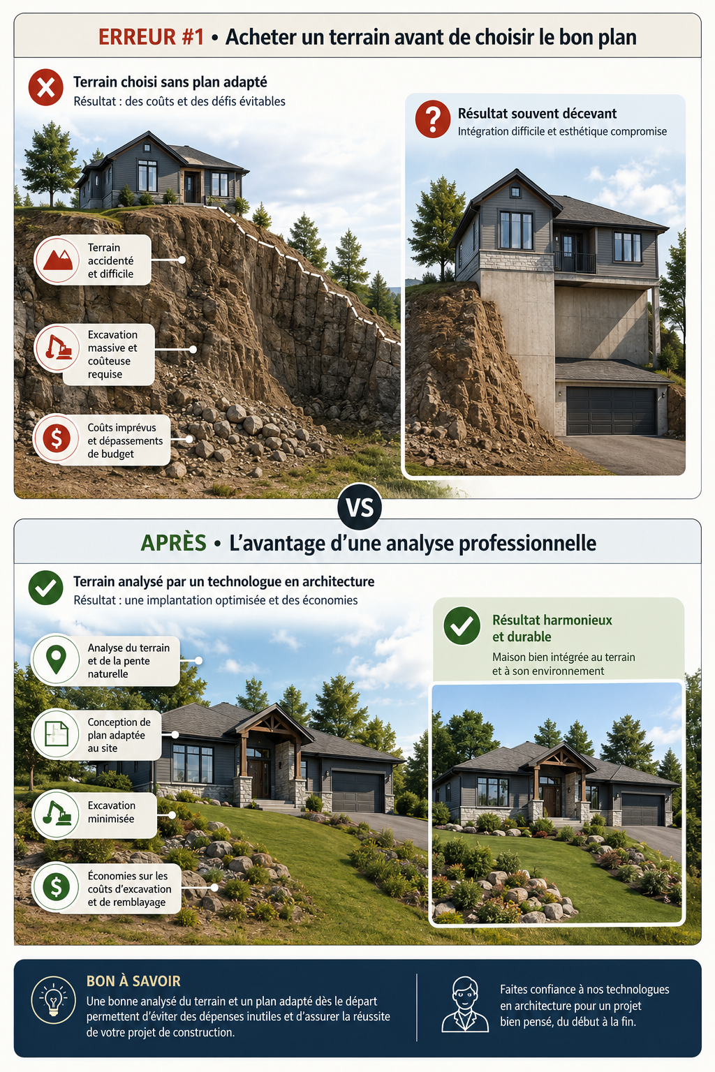 Infographie comparant les conséquences d'un terrain choisi sans analyse avec les avantages d'un plan de maison adapté aux caractéristiques du terrain.