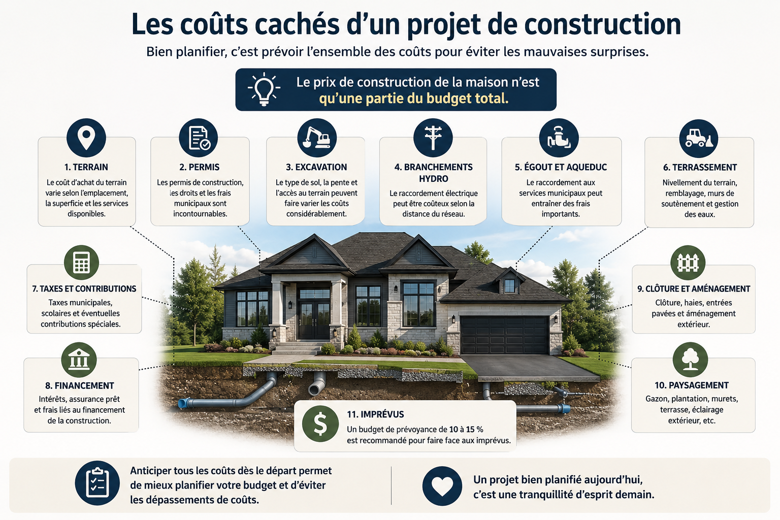 Infographie présentant les principaux coûts cachés d'un projet de construction de maison, incluant le terrain, les permis, l'excavation, les branchements, le terrassement, les taxes, le financement, l'aménagement extérieur et les imprévus.