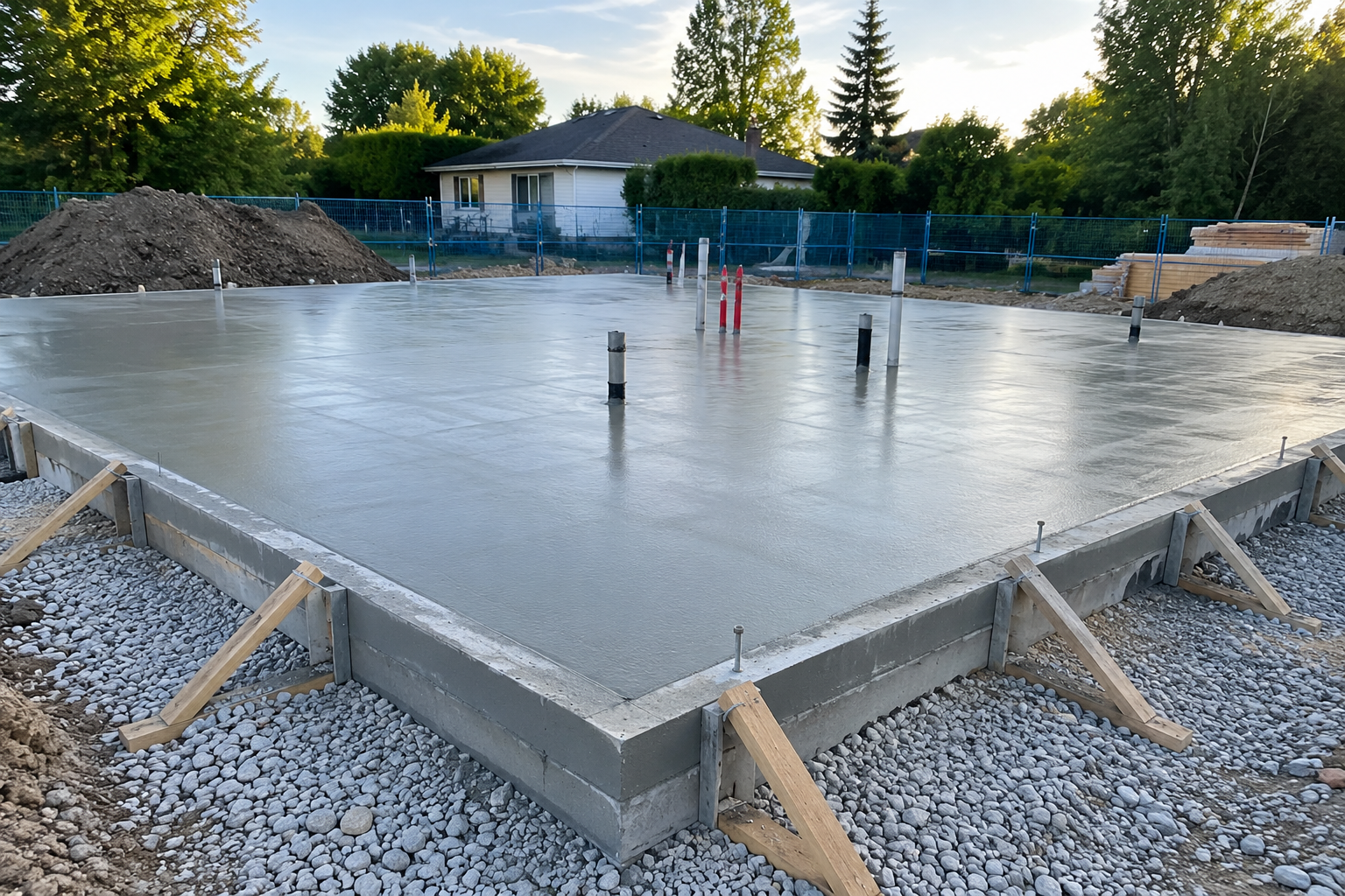 Dalle de béton fraîchement coulée pour une maison sur dalle avec mur de fondation lors de la construction d'une résidence.