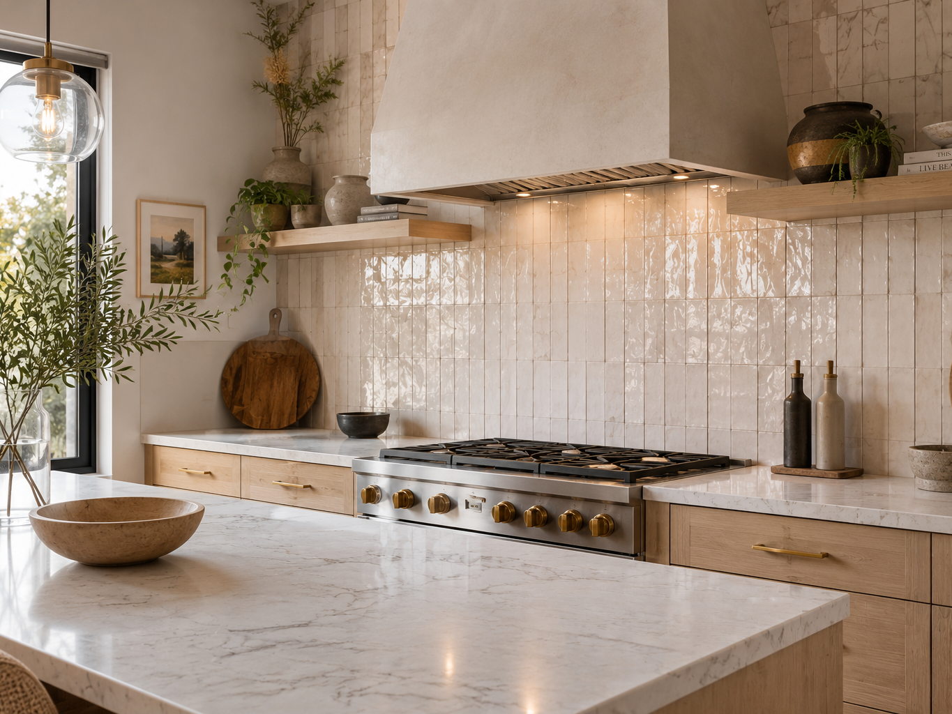 Cuisine moderne avec dosseret en zellige blanc pleine hauteur, armoires en bois clair et comptoir en quartz.