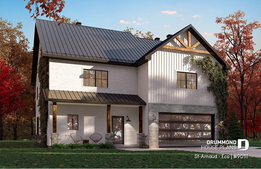Plan de maison éco-responsable St-Arnaud Éco #90111 de style farmhouse moderne conçu pour maximiser la lumière naturelle et l'efficacité énergétique.