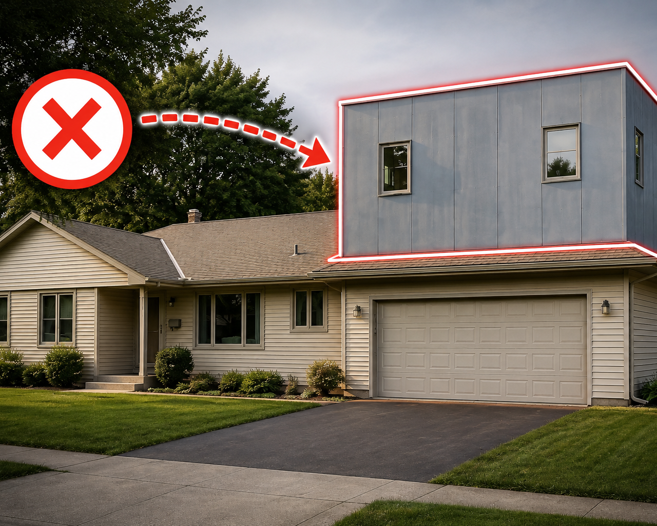 Erreur de construction : ajout d'un étage au-dessus d'un garage créant une maison au design déséquilibré.