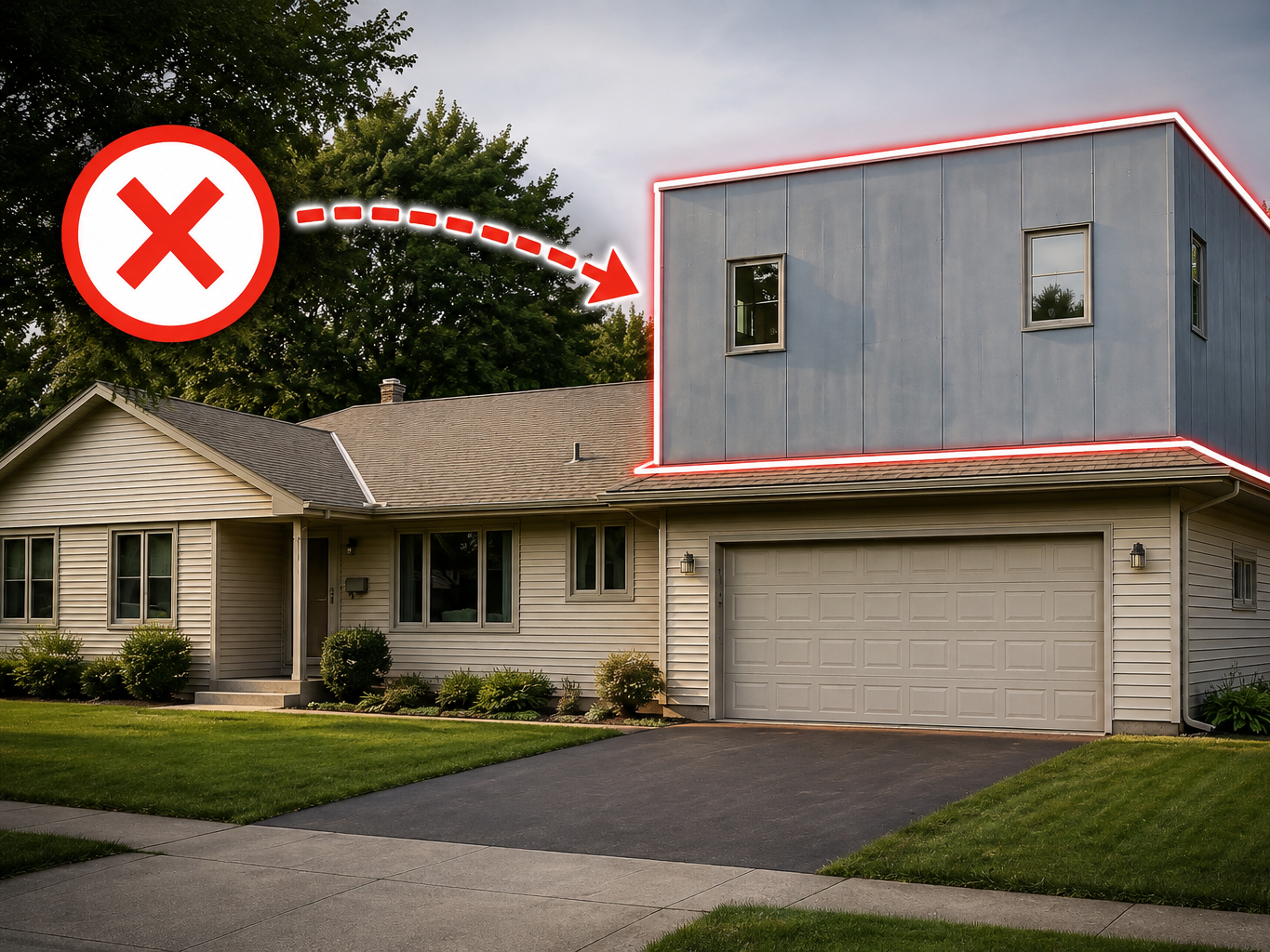 Erreur de construction : ajout d'un étage au-dessus d'un garage créant une maison au design déséquilibré.