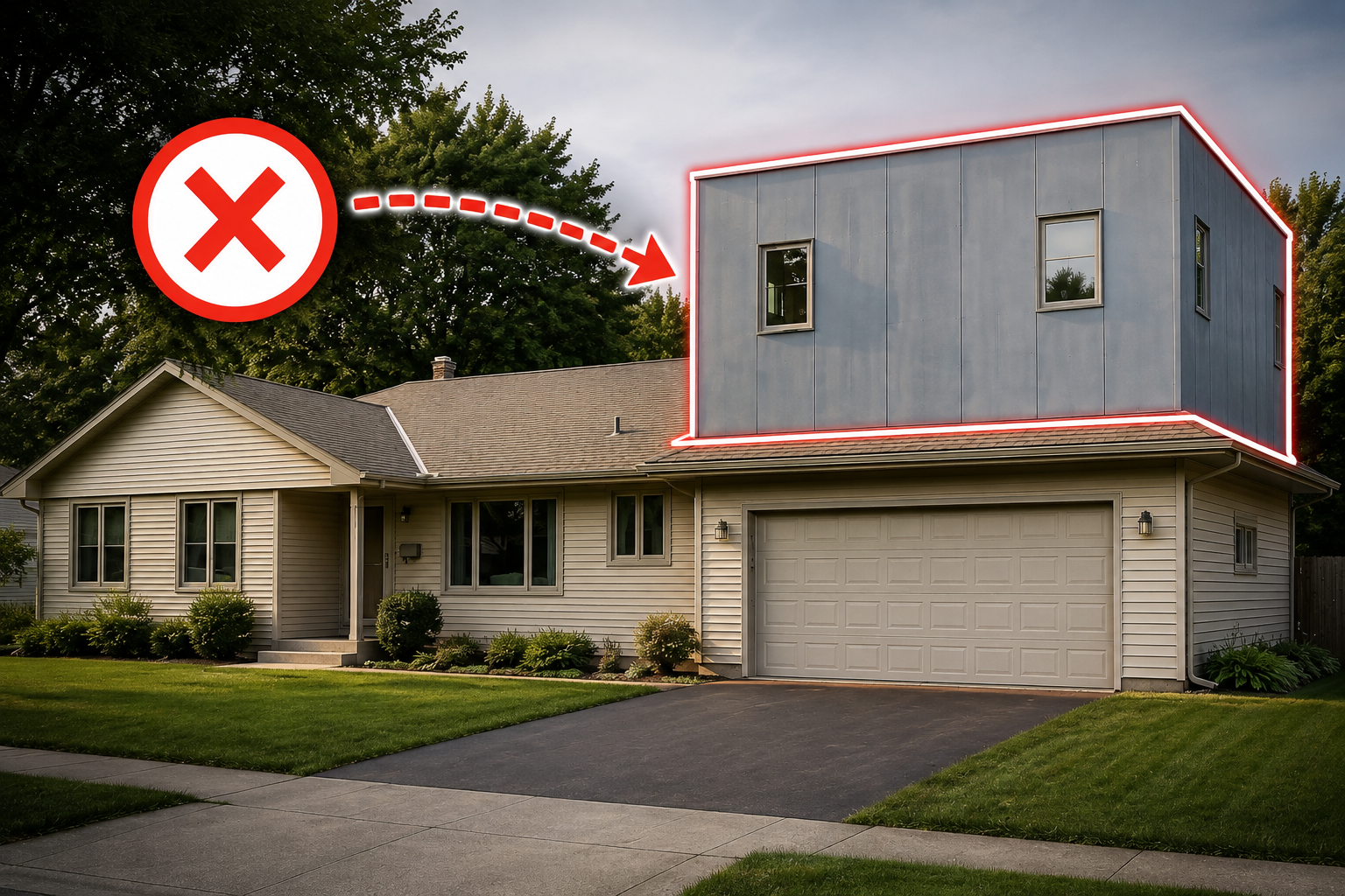 Erreur de construction : ajout d'un étage au-dessus d'un garage créant une maison au design déséquilibré.