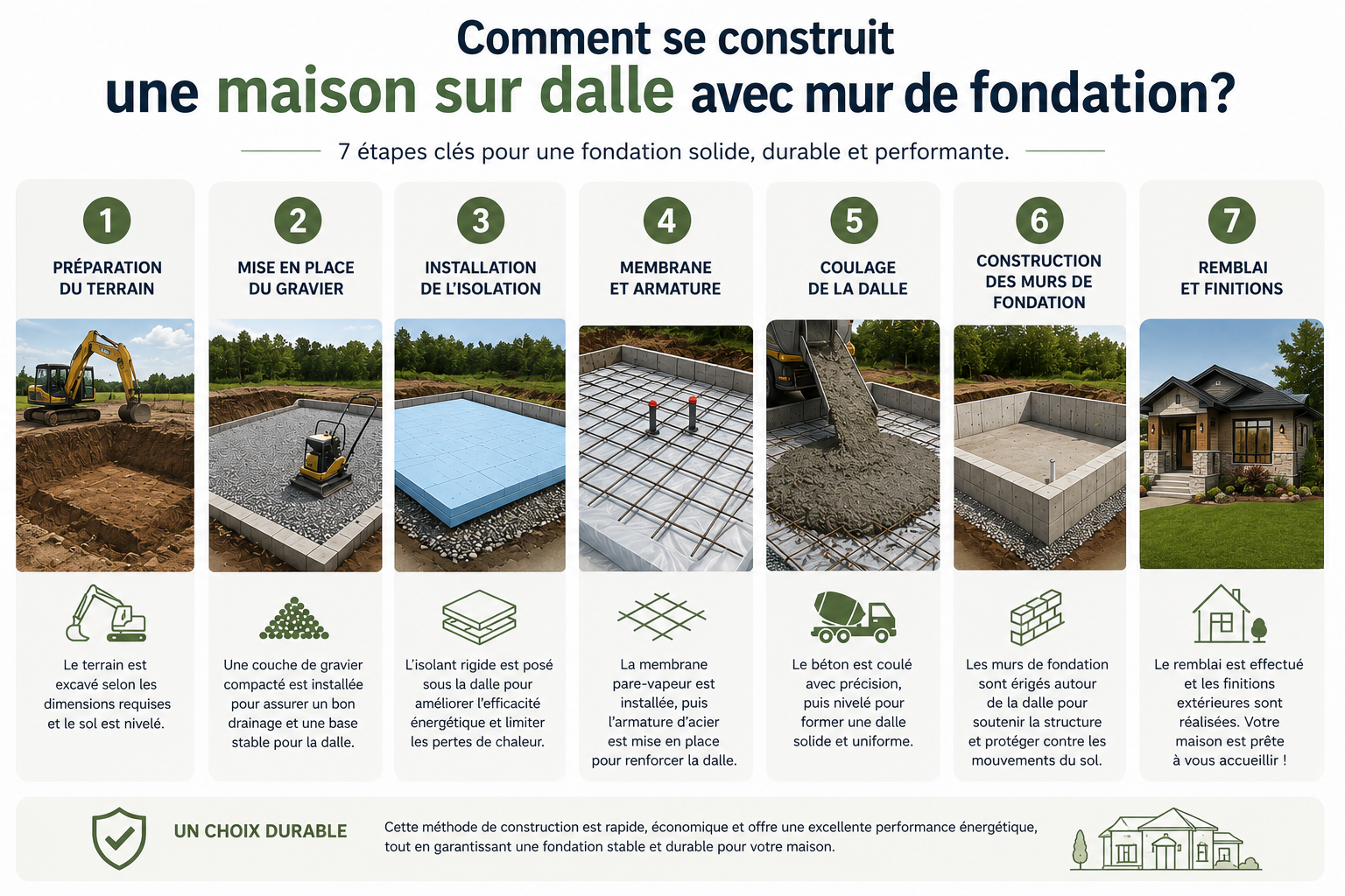 Infographie illustrant les principales étapes de construction d'une maison sur dalle avec mur de fondation, de l'excavation jusqu'au remblai et aux finitions.