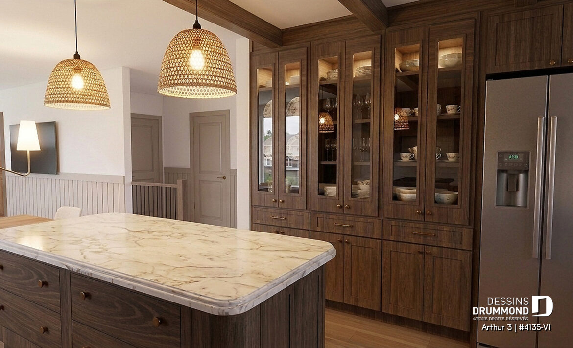 Îlot central et armoires pleine hauteur de la cuisine du plan de maison Arthur 3 (#4135-V1), une maison farmhouse moderne conçue pour maximiser le rangement et la fonctionnalité.