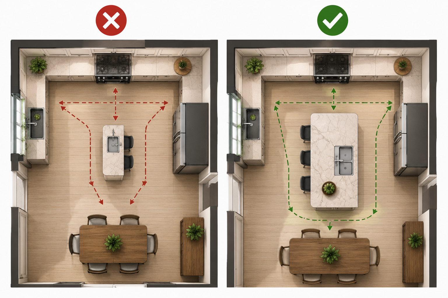 Comparatif entre une cuisine avec un îlot trop petit qui nuit à la circulation et une cuisine bien pensée avec un îlot central offrant des déplacements fluides et un espace de travail optimisé.
