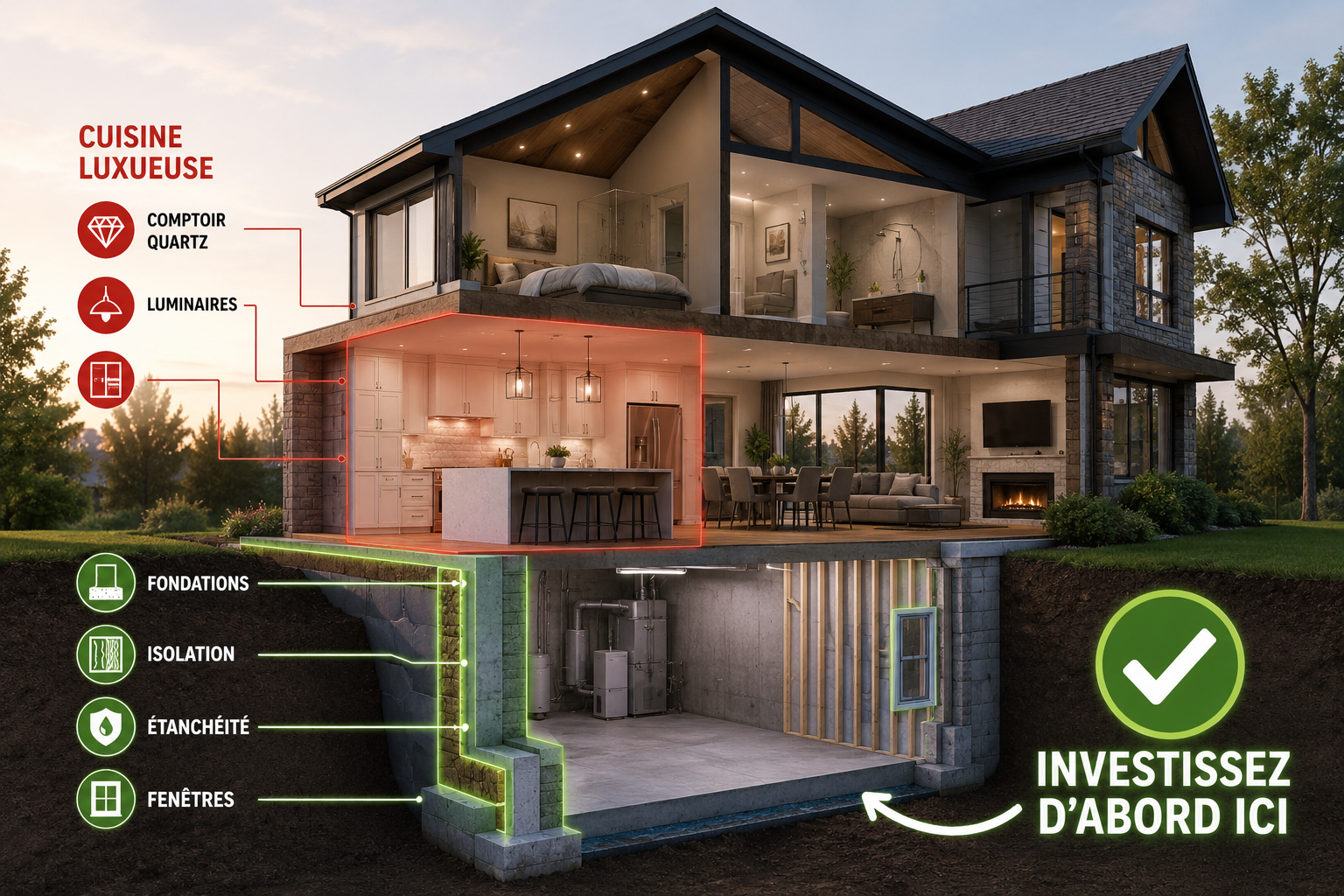 Maison en coupe illustrant les éléments essentiels dans lesquels investir en priorité, comme les fondations, l'isolation, l'étanchéité et les fenêtres, comparés à des éléments esthétiques comme une cuisine luxueuse, un comptoir en quartz et des luminaires haut de gamme.