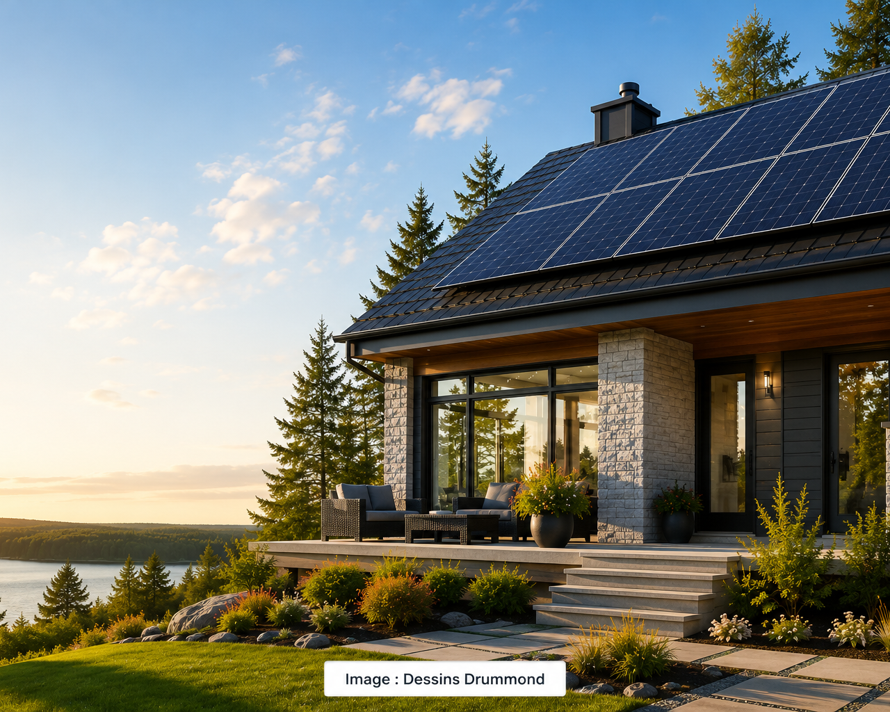 Maison moderne avec toiture équipée de panneaux solaires photovoltaïques