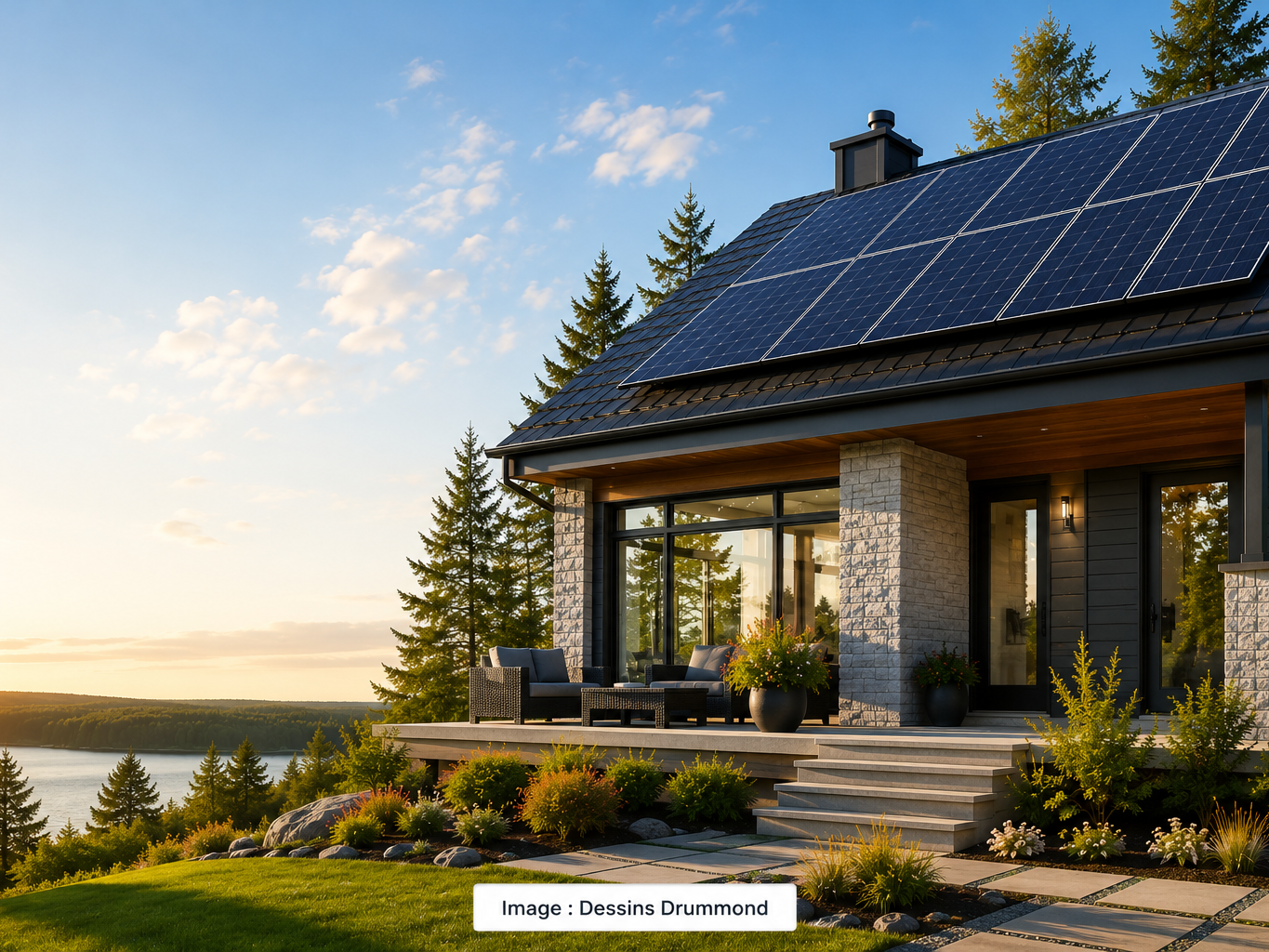 Maison moderne avec toiture équipée de panneaux solaires photovoltaïques