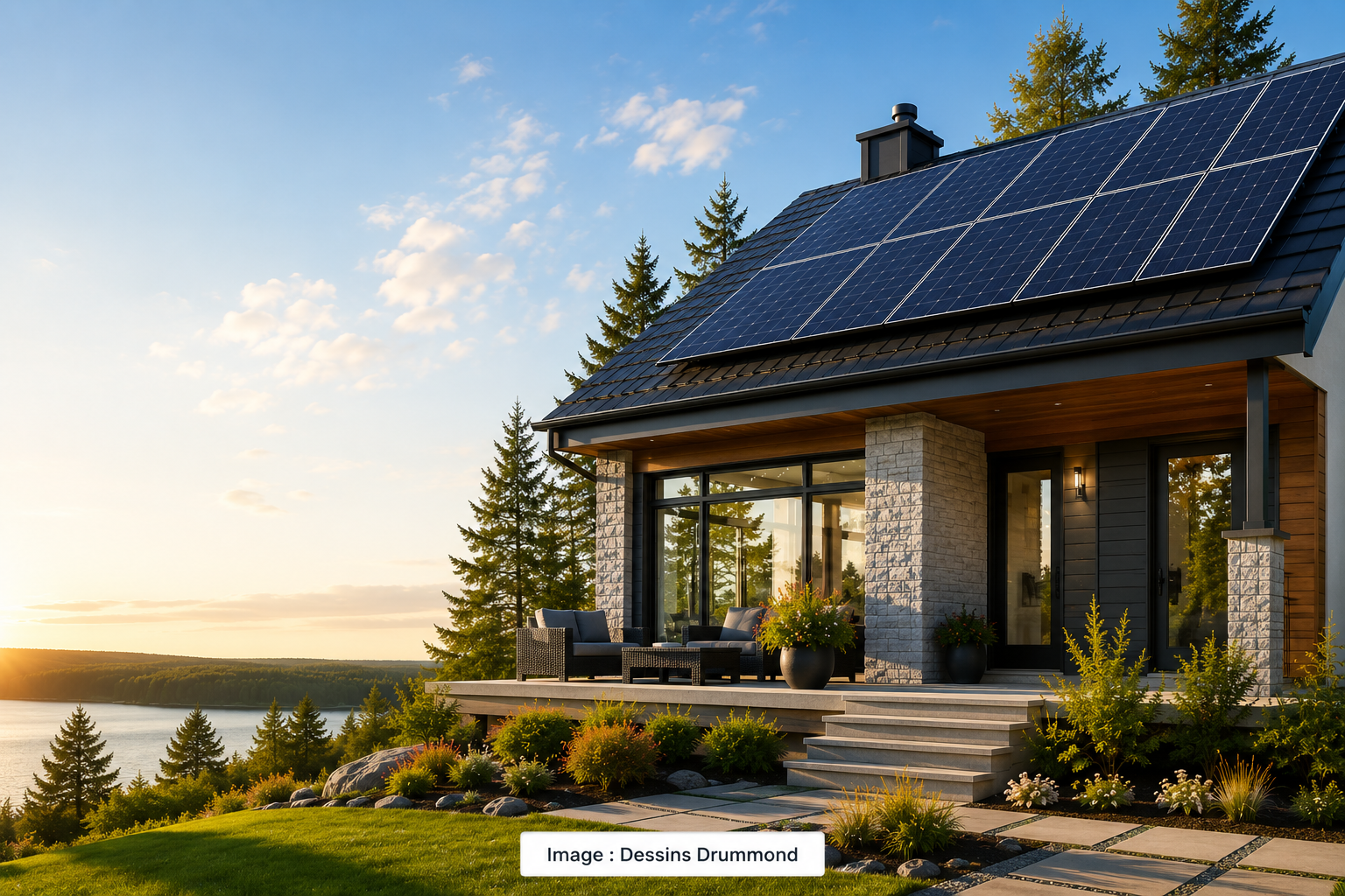 Maison moderne avec toiture équipée de panneaux solaires photovoltaïques