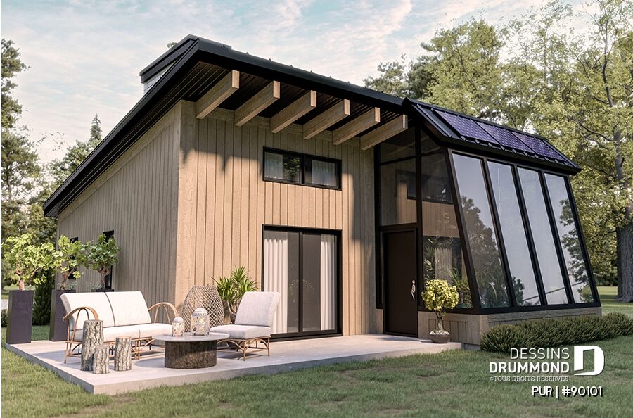 Plan de mini-maison éco-responsable PUR #90101 avec serre intégrée, grande fenestration et conception favorisant la lumière naturelle.