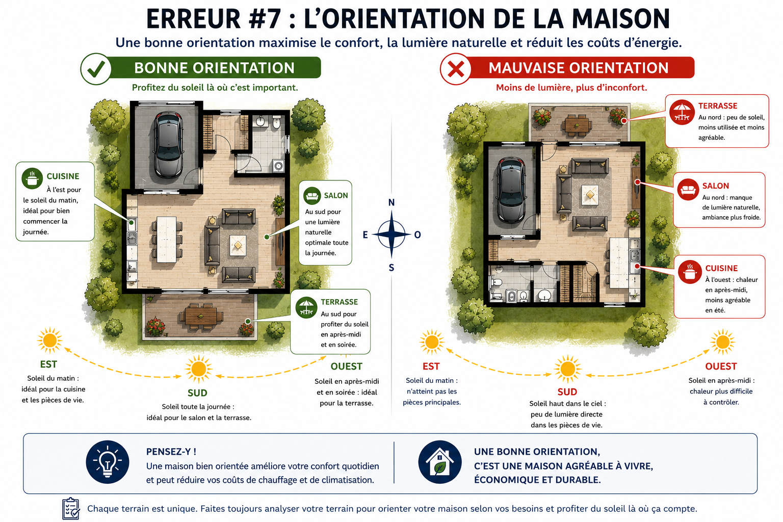Infographie comparant une bonne et une mauvaise orientation d'une maison selon le parcours du soleil. Elle montre l'emplacement idéal de la cuisine, du salon et de la terrasse afin d'optimiser la lumière naturelle, le confort et l'efficacité énergétique.