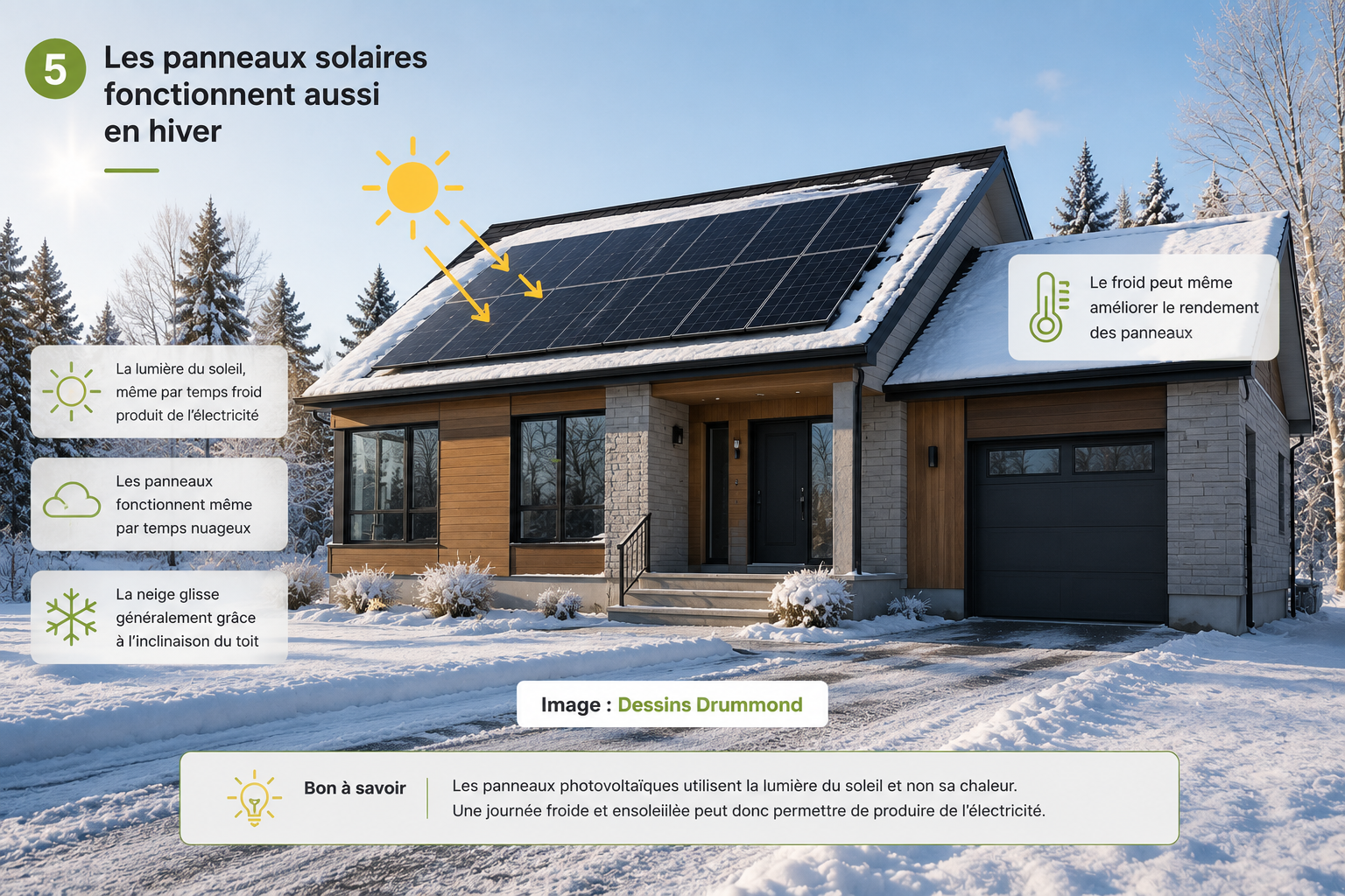 Maison avec panneaux solaires au Québec pendant une journée d’hiver ensoleillée
