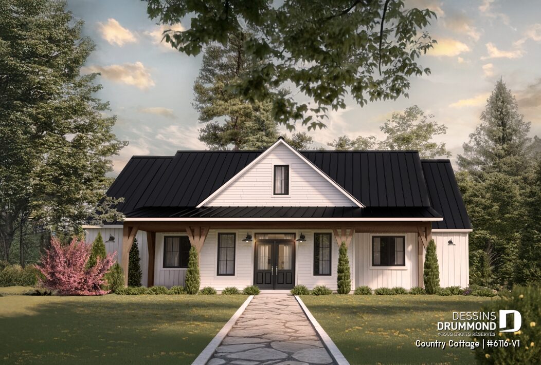 Plan Country Cottage (#6116-V1), maison farmhouse de plain-pied avec galerie couverte, toiture métallique noire et revêtement blanc
