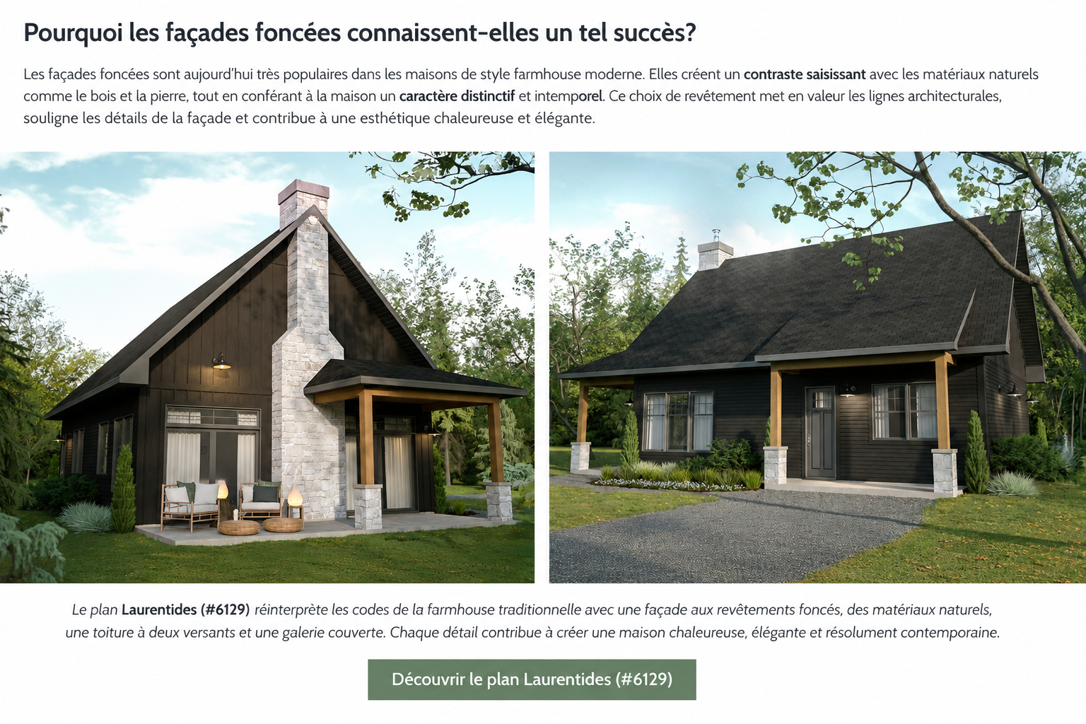 Plan Laurentides (#6129), maison farmhouse moderne avec revêtement noir, cheminée en pierre, galerie couverte et toiture à deux versants