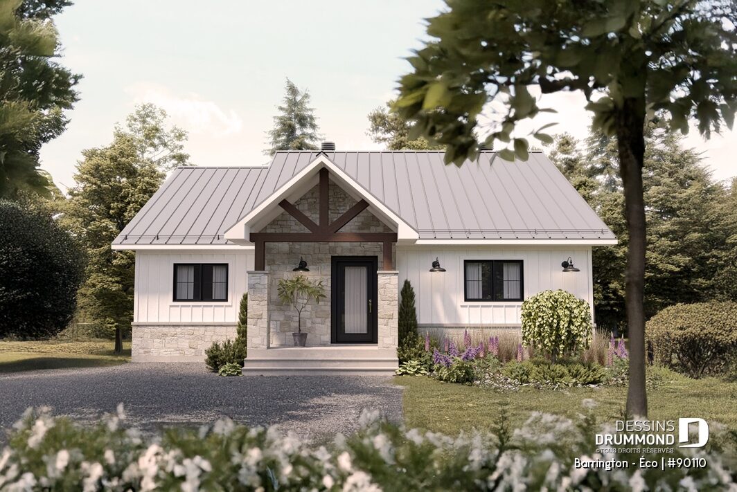 Plan de maison éco-responsable Barrington Éco #90110 de style farmhouse avec conception favorisant l'efficacité énergétique, la lumière naturelle et le confort.