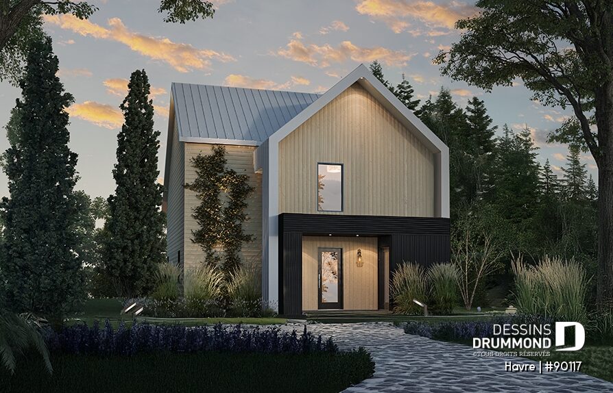 Plan de maison éco-responsable Havre #90117 de style scandinave avec grande fenestration favorisant les gains solaires passifs et la lumière naturelle.
