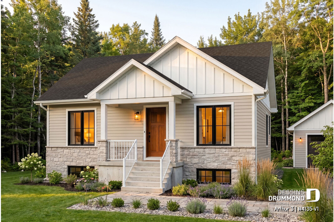 Façade du plan de maison économique Arthur 3 (#4135-V1), une maison farmhouse moderne de 896 pi² avec sous-sol aménageable pouvant accueillir jusqu'à 5 chambres.