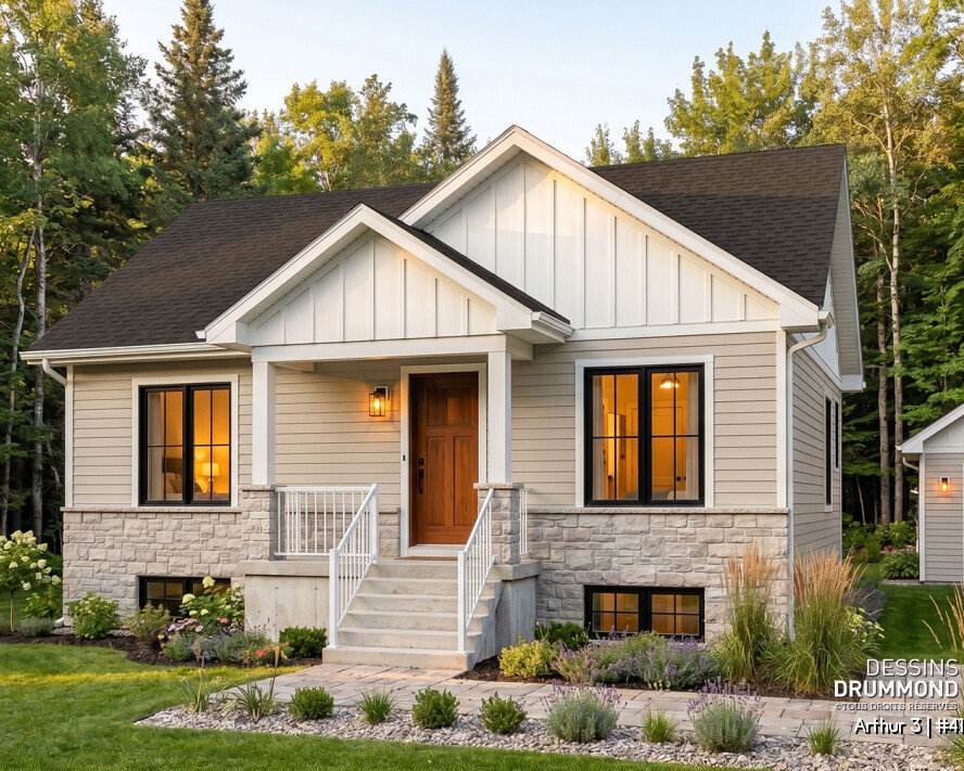 Façade du plan de maison économique Arthur 3 (#4135-V1), une maison farmhouse moderne de 896 pi² avec sous-sol aménageable pouvant accueillir jusqu'à 5 chambres.