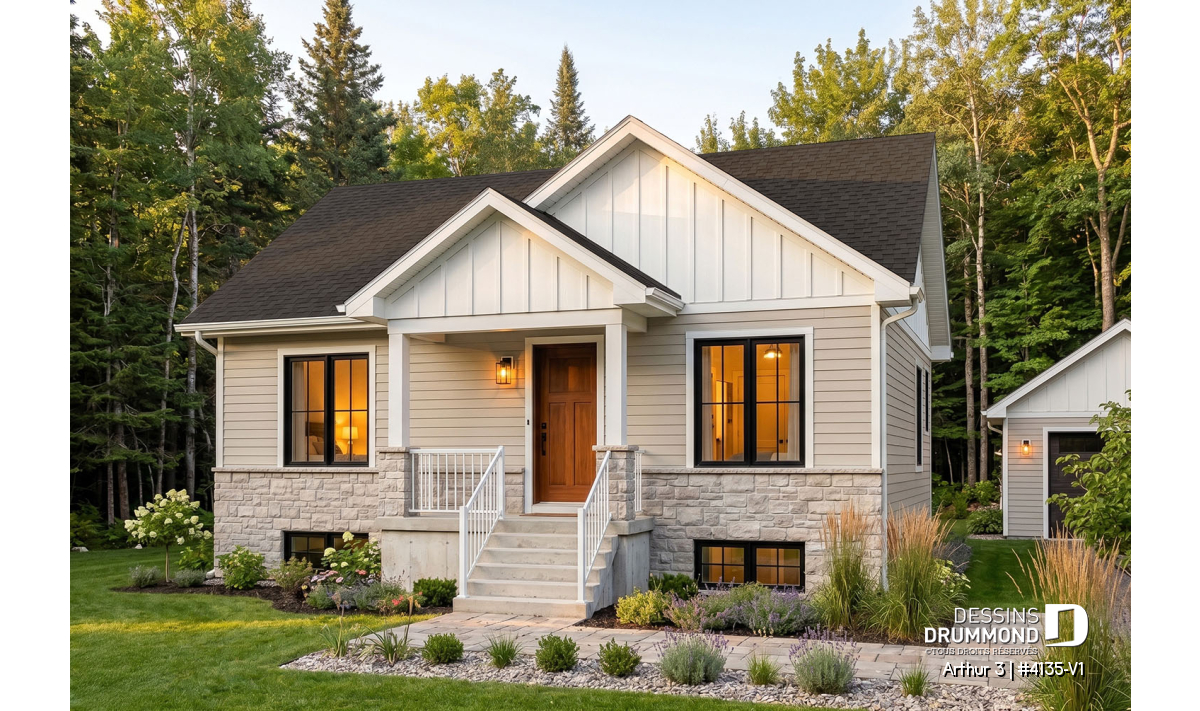 Façade du plan de maison économique Arthur 3 (#4135-V1), une maison farmhouse moderne de 896 pi² avec sous-sol aménageable pouvant accueillir jusqu'à 5 chambres.