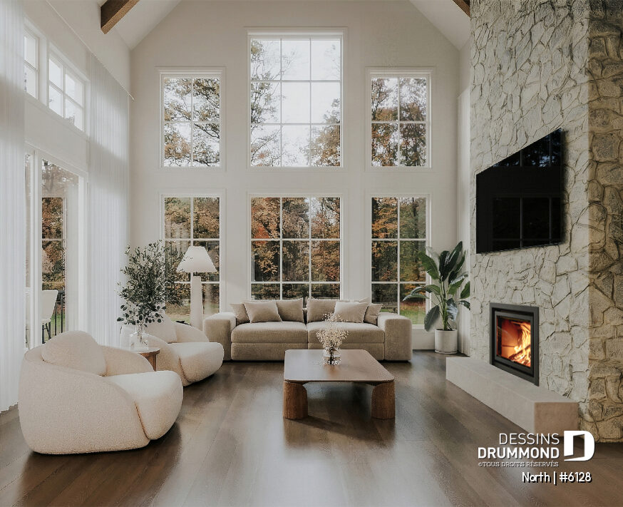 Salon du plan North (#6128) avec plafond cathédral, fenestration abondante et lumière naturelle dans une maison farmhouse moderne