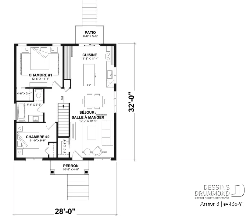 Plan du rez-de-chaussée d'Arthur 3 (#4135-V1), un plan de maison économique comprenant deux chambres, une aire ouverte, une cuisine avec îlot central et un walk-in dans la chambre principale.