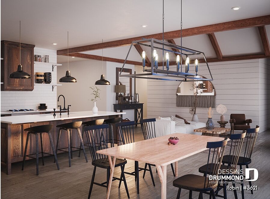Cuisine du plan Robin (#3621) avec grand îlot central, poutres apparentes et aire ouverte de style farmhouse