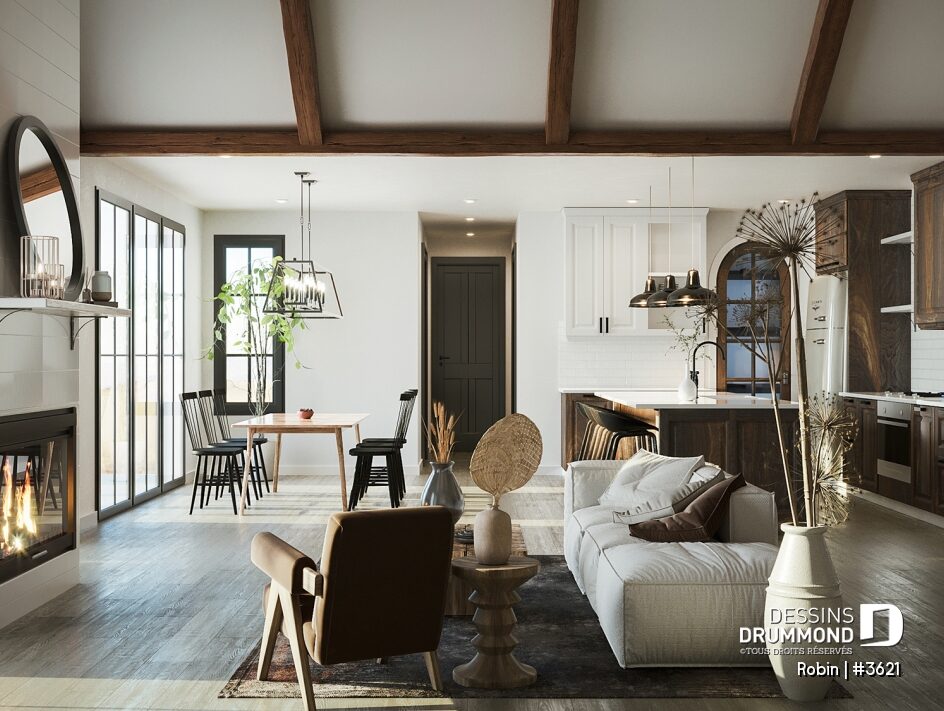 Intérieur du plan Robin (#3621) avec cuisine ouverte, salle à manger et salon dans une vaste aire ouverte de style farmhouse