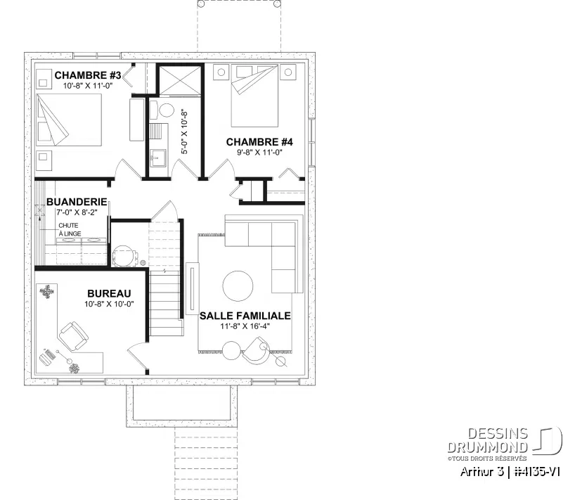Plan du sous-sol aménagé d'Arthur 3 (#4135-V1), ajoutant jusqu'à trois chambres, une salle familiale, une salle de bain, une buanderie et un bureau pouvant servir de cinquième chambre.