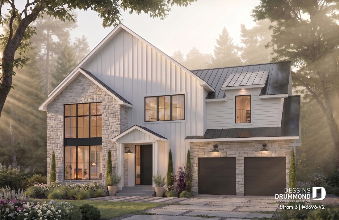 Plan Strom 3 (#3896-V2), maison farmhouse moderne à étage avec garage double, revêtement blanc et pierre naturelle