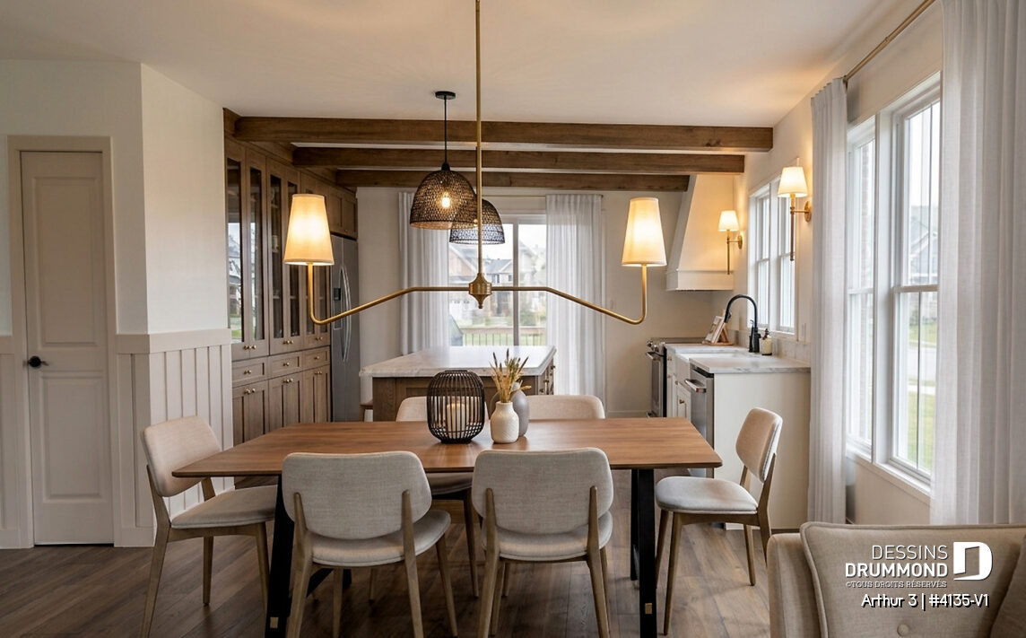 Salle à manger du plan de maison économique Arthur 3 (#4135-V1), ouverte sur la cuisine farmhouse moderne avec îlot central et abondante lumière naturelle.