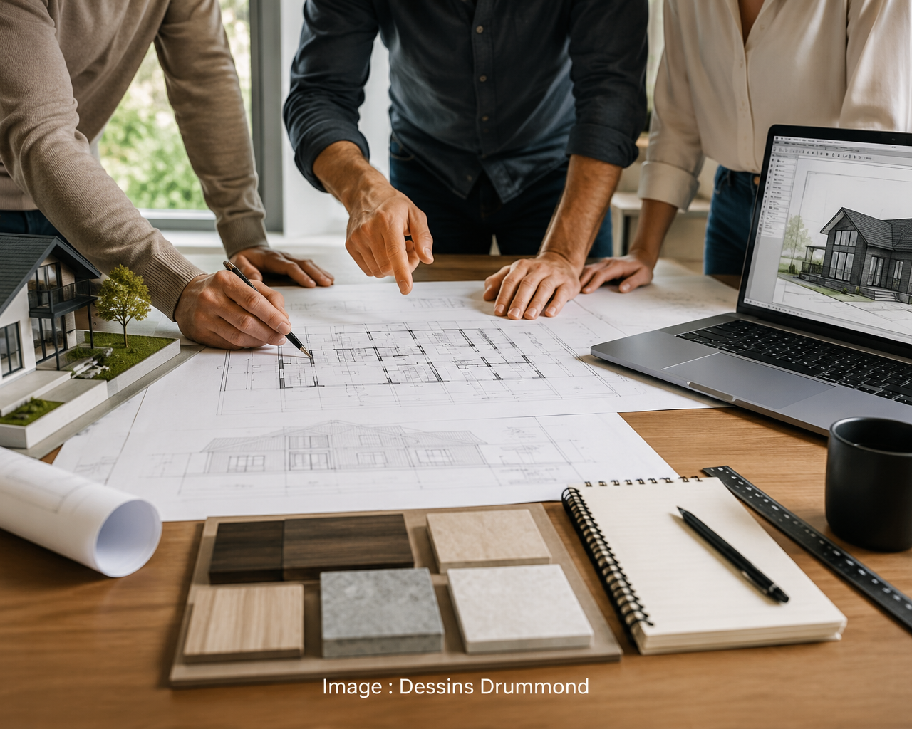 Technologue en architecture comparant des plans de maison avec une équipe de professionnels pour un projet résidentiel.