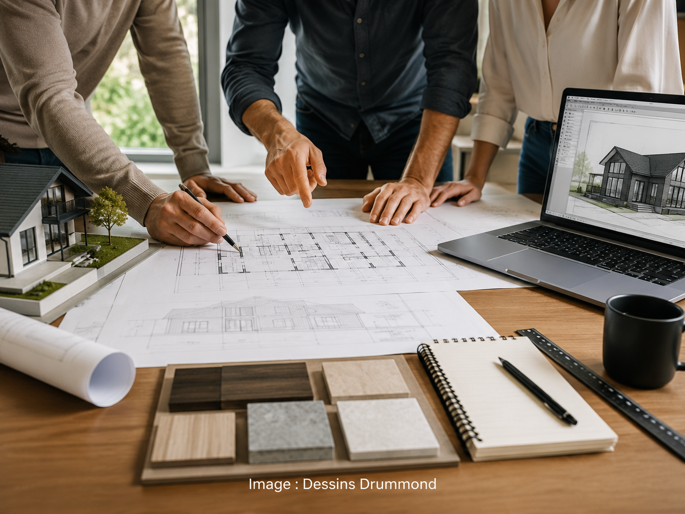 Technologue en architecture comparant des plans de maison avec une équipe de professionnels pour un projet résidentiel.